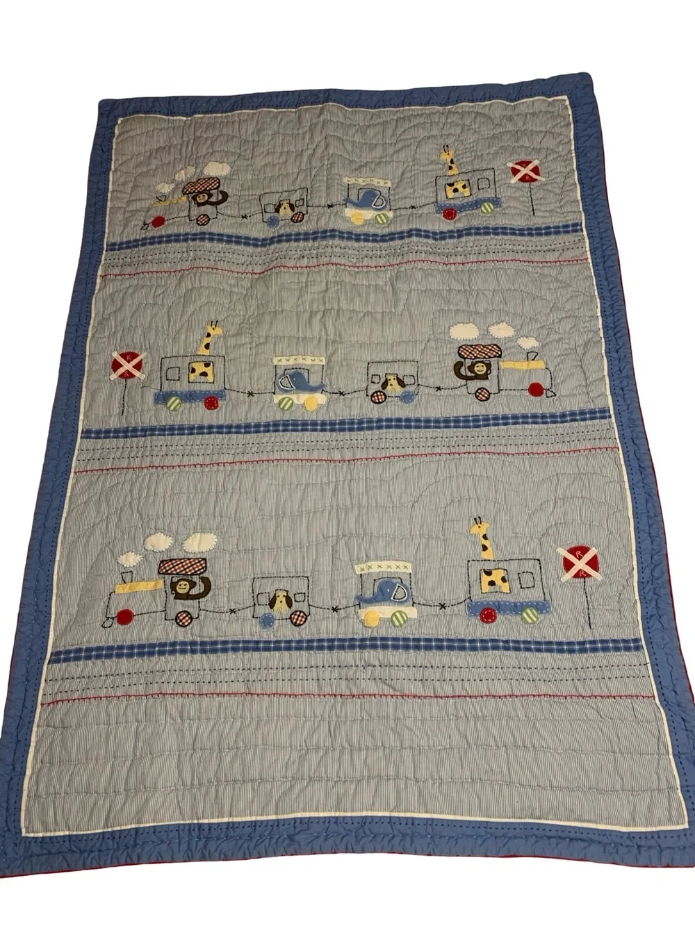 Pottery Barn Kids Toddler Quilt 36x50 Appliqué Trains Railroad Reverses Blue